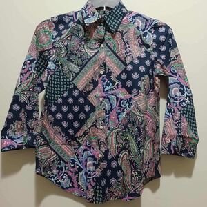Lauren Ralph Lauren Womens Small Shirt Paisley Patchwork‎ 3/4 Sleeve Non Iron